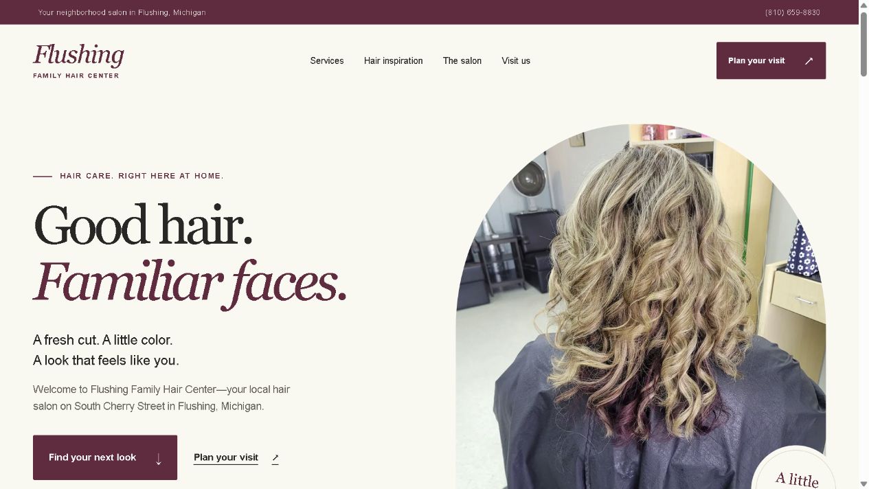 Screenshot of the Flushing Family Hair Center website with its real salon photography and visiting information